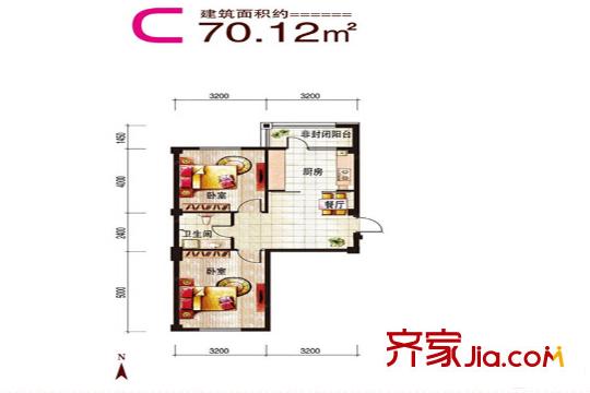 凱怡陽(yáng)光三期C戶型 2室1廳1衛(wèi)1廚