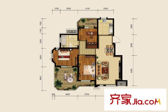 金地藝境67#1-3-1頂層邊戶112平戶型 3室2廳1衛(wèi)1廚