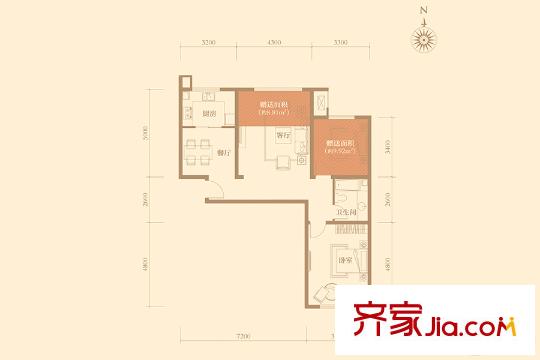 隆河谷二期A04戶型 2室2廳1衛(wèi)1廚