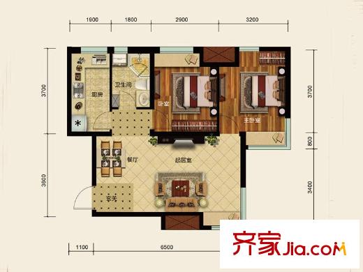 金地藝境1號樓戶型 2室2廳1衛(wèi)1廚