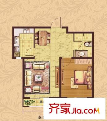 榮盛?紫提東郡B19-B戶型圖 1室1廳1衛(wèi)1廚