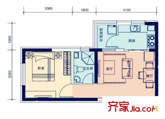 麗水金陽(yáng)K戶型 1室2廳1衛(wèi)1廚