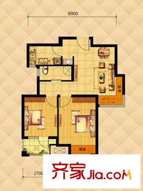 榮盛?紫提東郡2-B戶型 2室2廳1衛(wèi)