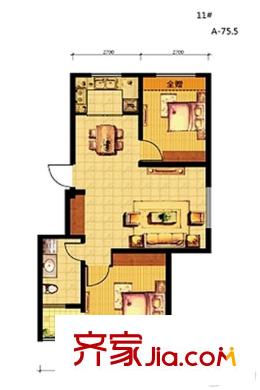榮盛?坤湖酈舍01戶型 2室2廳1衛(wèi)