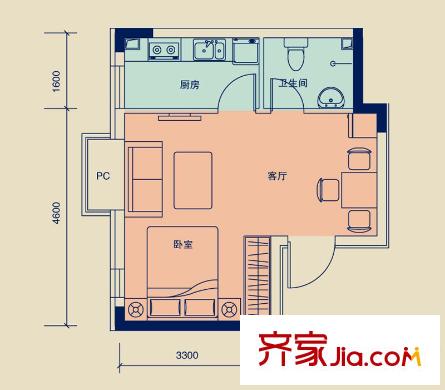 麗水金陽(yáng)二期F4戶型 1室1廳1衛(wèi)