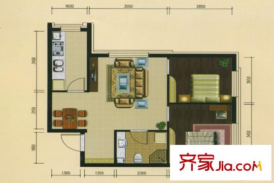 十三街區(qū)H戶型 2室2廳1衛(wèi)1廚