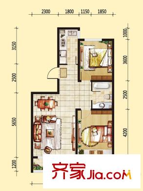 伯爵源筑二期C戶型 2室2廳1衛(wèi)1廚