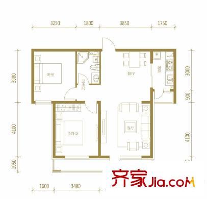 伯爵源筑一期B戶型 2室2廳1衛(wèi)1廚