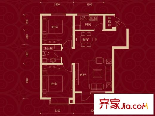 中國鐵建梧桐苑93平戶型 2室2廳1衛(wèi)