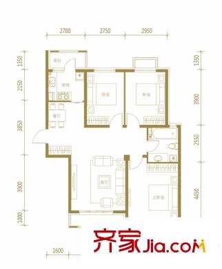 伯爵源筑一期A戶型 3室2廳1衛(wèi)1廚