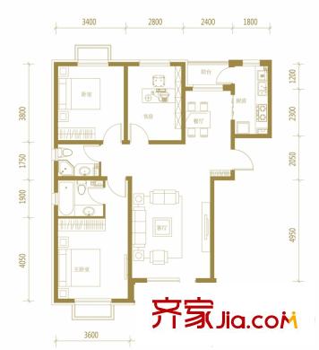伯爵源筑一期D戶型 3室2廳2衛(wèi)1廚