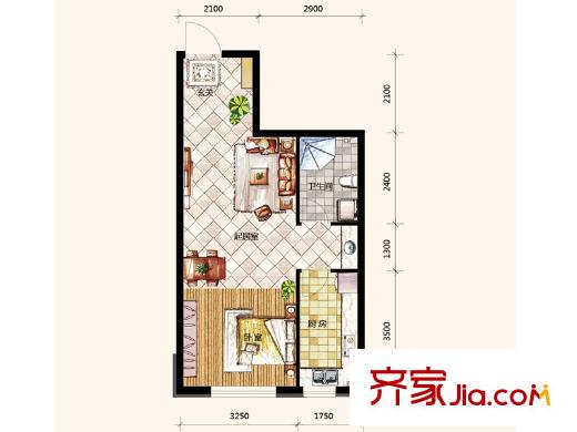 哥本哈根二期50.41平戶型 1室1廳1衛(wèi)