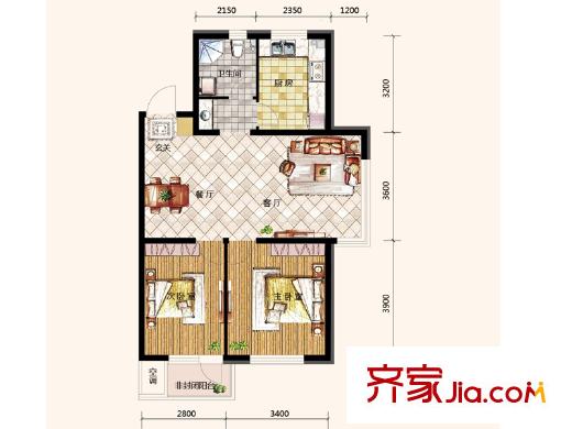 哥本哈根二期88.33平戶型 2室2廳1衛(wèi)