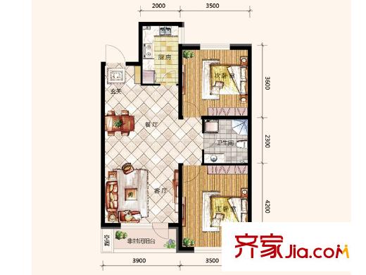 哥本哈根二期93.8平戶型 2室2廳1衛(wèi)