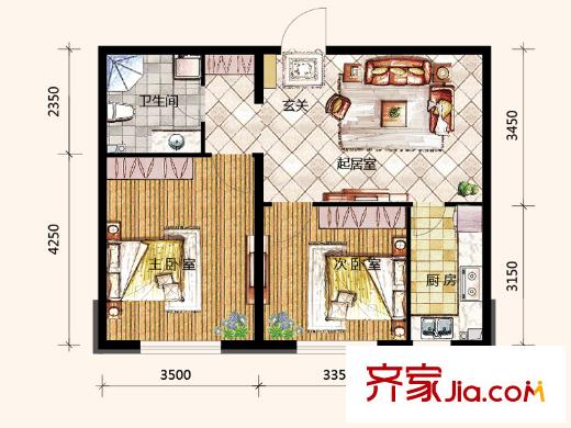 哥本哈根二期69.89平戶型 2室1廳1衛(wèi)