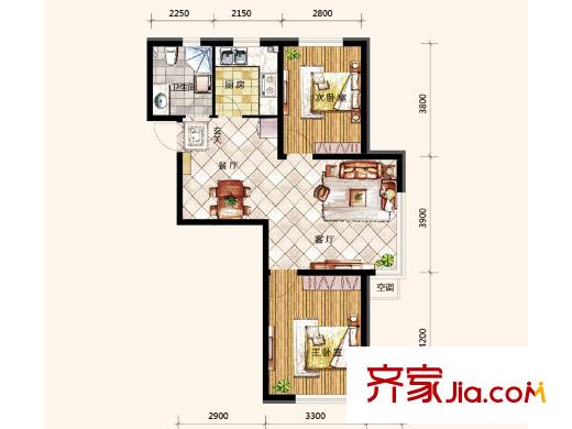 哥本哈根二期82.1平戶型 2室2廳1衛(wèi)