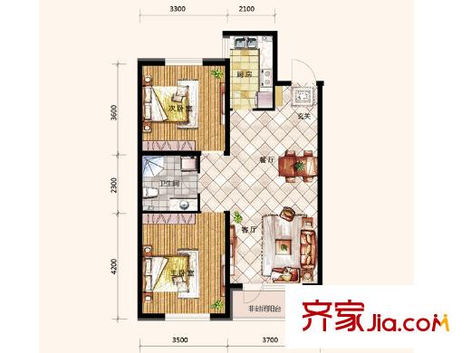 哥本哈根二期92.95平戶型 2室2廳1衛(wèi)