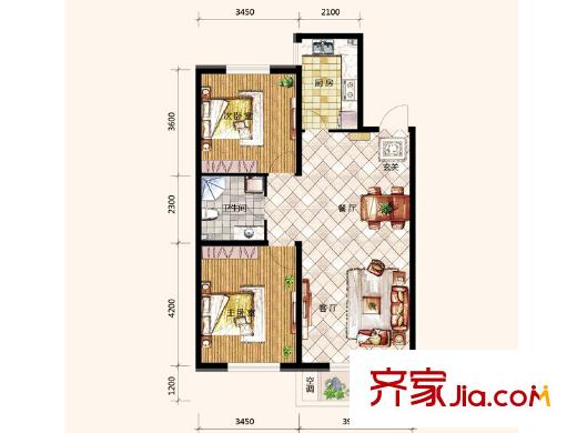 哥本哈根二期93.64平戶型 2室2廳1衛(wèi)