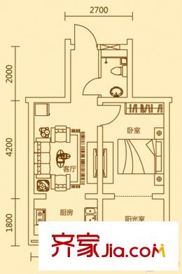 滿融公館二期D戶型 1室1廳1衛(wèi)1廚