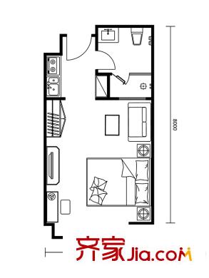 浦江?波士灣壹平方米C座A戶型 1室1衛(wèi)1廚
