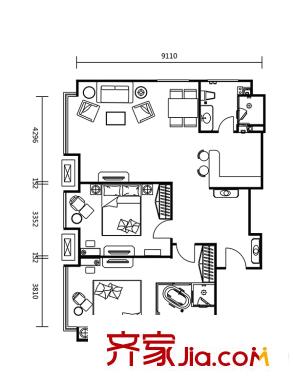 浦江?波士灣壹平方米C座E戶型 2室2廳1衛(wèi)1廚