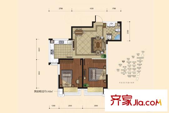 融城7英里高層66.78平方米戶型 2室2廳1衛(wèi)1廚
