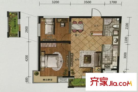 格林陽光城F4戶型圖 2室2廳1衛(wèi)1廚