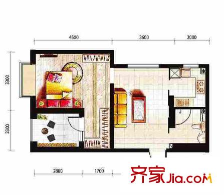 博榮水立方85#、86#-01戶型 1室1廳1衛(wèi)1廚