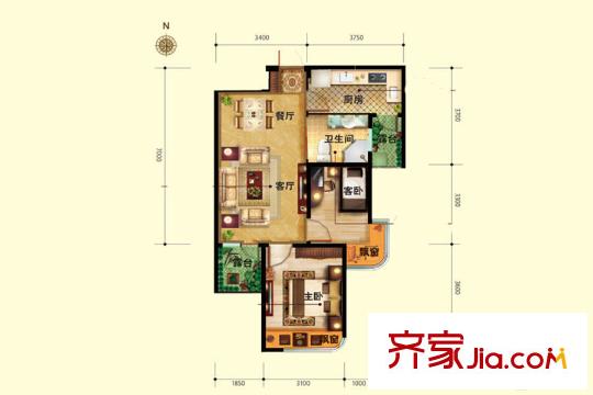 三盛頤景藍(lán)灣A戶型 2室2廳1衛(wèi)