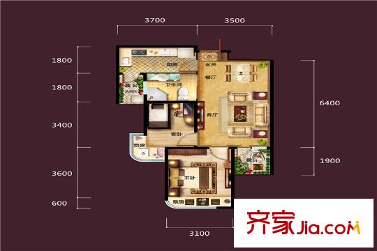 三盛頤景御園A戶型 2室2廳1衛(wèi)1廚