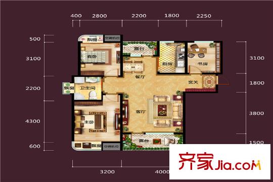 三盛頤景御園B戶型 3室2廳1衛(wèi)1廚