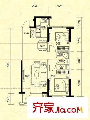 中?？党荊A戶型 2室2廳1衛(wèi)1廚