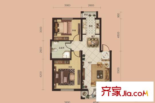 天潔?華爾街廣場D3戶型圖 2室2廳1衛(wèi)1廚