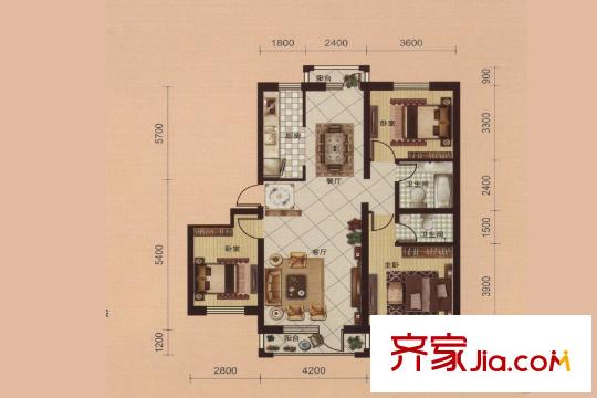 天潔?華爾街廣場D2戶型圖 3室2廳2衛(wèi)1廚