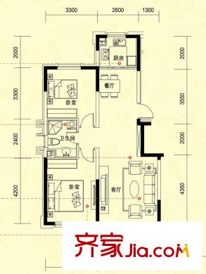 中?？党荄A戶型 2室2廳1衛(wèi)1廚