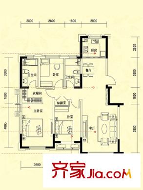 中?？党荄B戶型 3室2廳2衛(wèi)1廚
