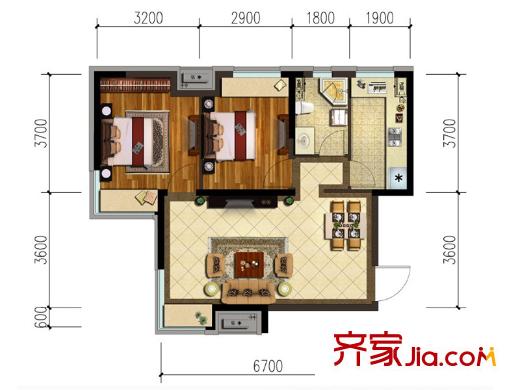 金地錦城高層75平方米戶型 2室2廳1衛(wèi)1廚