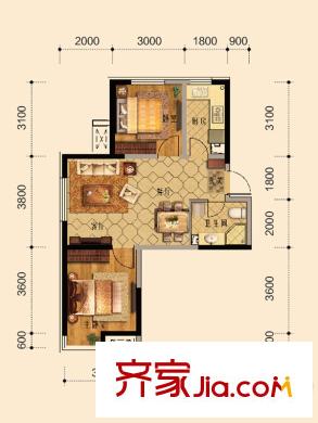 萬(wàn)錦?紅樹(shù)灣B戶(hù)型 2室2廳1衛(wèi)1廚