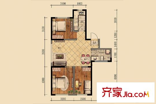 萬錦?紫園G5-A戶型 3室2廳1衛(wèi)1廚