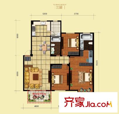 富邦壹品天城洋房C3戶(hù)型 3室2廳2衛(wèi)