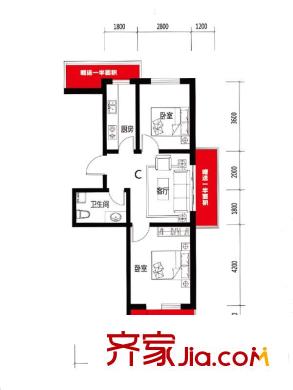 華新名筑C戶型 2室2廳1衛(wèi)1廚