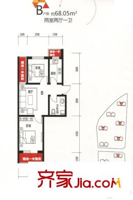 華新名筑B戶型 2室2廳1衛(wèi)1廚