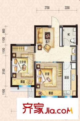 碧桂園?學府壹號J495戶型-62平米 2室2廳1衛(wèi)1廚