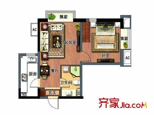 鐵西華潤置地廣場D戶型 1室2廳1衛(wèi)