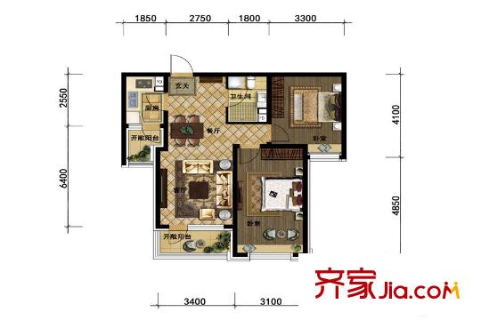 頤和城4#3-18層東側戶型 2室2廳1衛(wèi)1廚