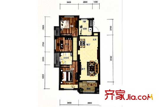 金地檀府H6戶型 3室2廳1衛(wèi)1廚
