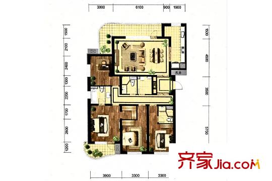 金地棕櫚島F1戶型 3室2廳1衛(wèi)1廚