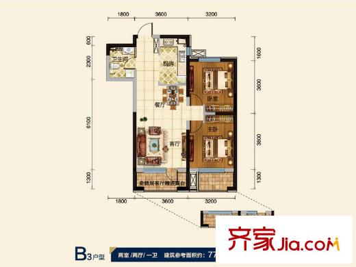 華府丹郡?乾豪B3戶型 2室2廳1衛(wèi)