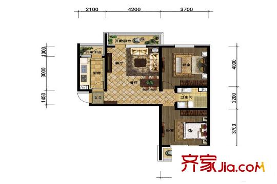頤和城4#3-18層東側戶型 2室2廳1衛(wèi)1廚