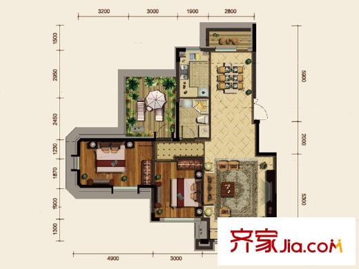 金地檀府端戶7F戶型 2室2廳1衛(wèi)1廚